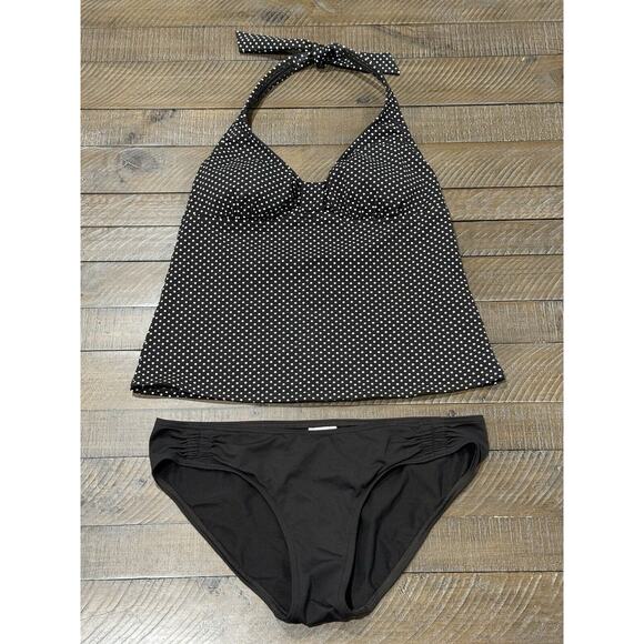 Lands End Halter Tankini Swim Suit Brown Polka Dot Tie Neck Solid Bottoms Size 8 - Picture 1 of 9
